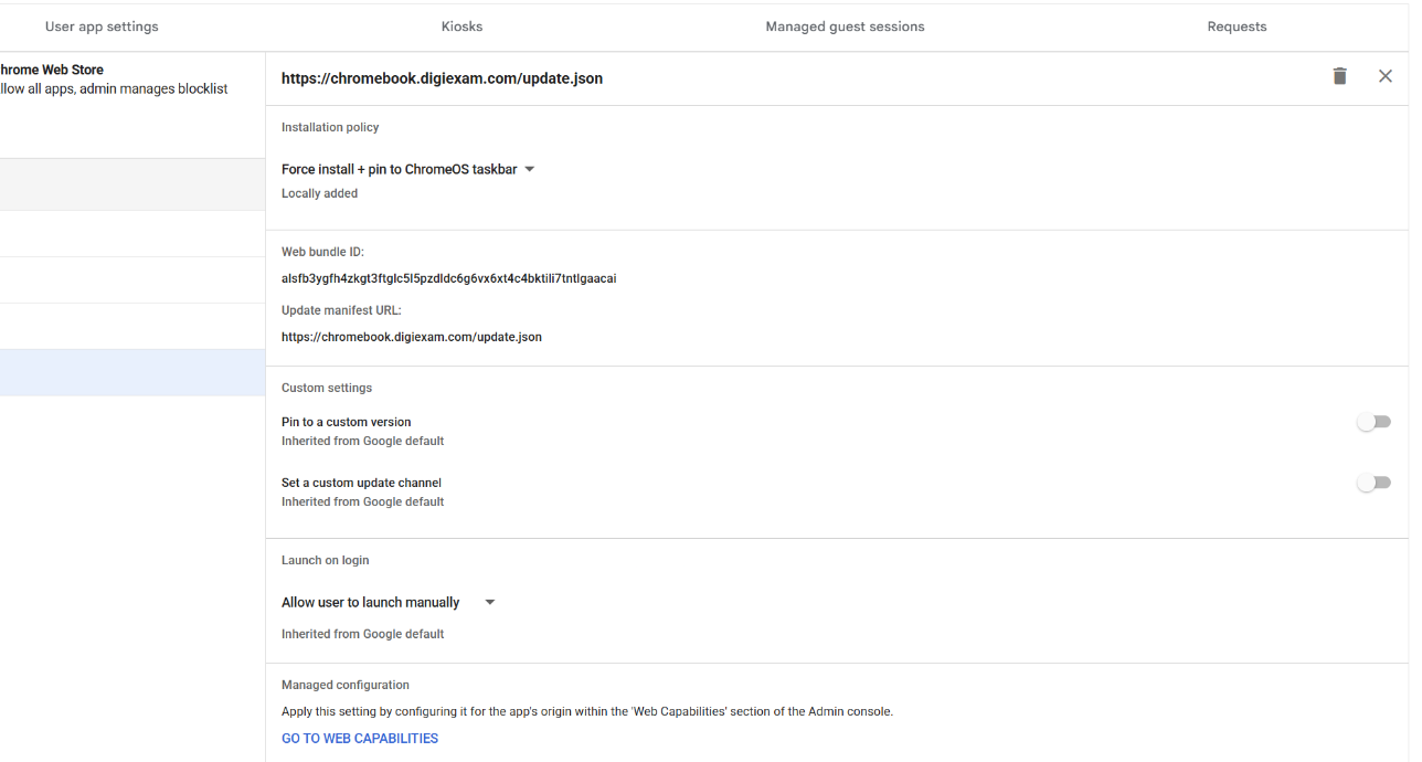 Google Admin Users & browsers panel showing the Digiexam IWA configured for force install and pin, with manual launch and default version settings.